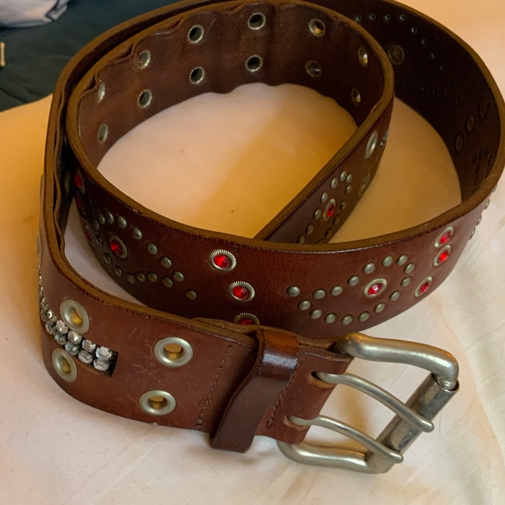 Barneys New York Brown Leather Belt with Red and Silver rhinestone Accents